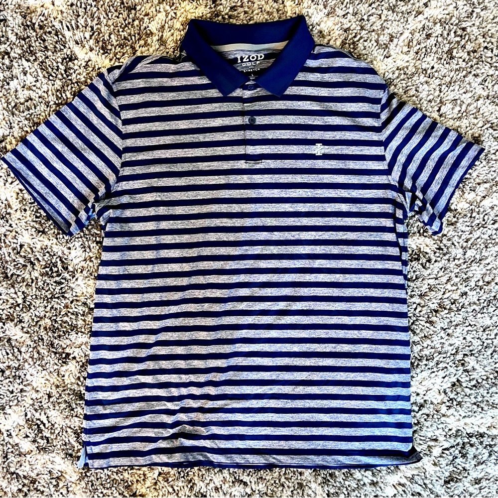 IZOD Men's Golf Short Sleeve Stretch Polo Shirt, Blue/Gray stripe, size Large